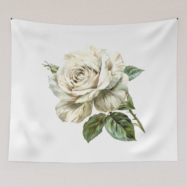 Item preview, White Ivory Rose with Green Leaves - Elegant Romantic Floral Art Print designed and sold by DesignArtist.ia.