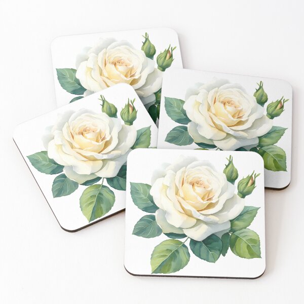 Item preview, White Rose with Green Leaves - Elegant Romantic Floral Art Print designed and sold by DesignArtist.ia.