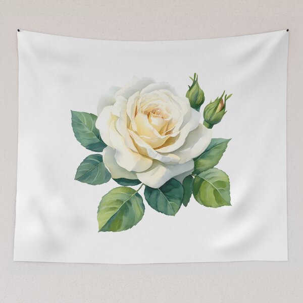 Item preview, White Rose with Green Leaves - Elegant Romantic Floral Art Print designed and sold by DesignArtist.ia.