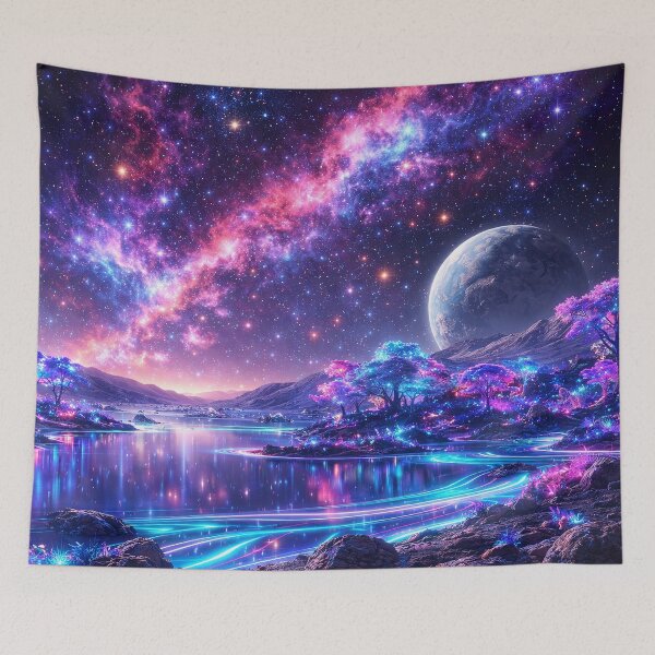 Item preview, Neon Cosmic Lake Beneath Surreal Galaxy Sky designed and sold by ImaginingNebulae.