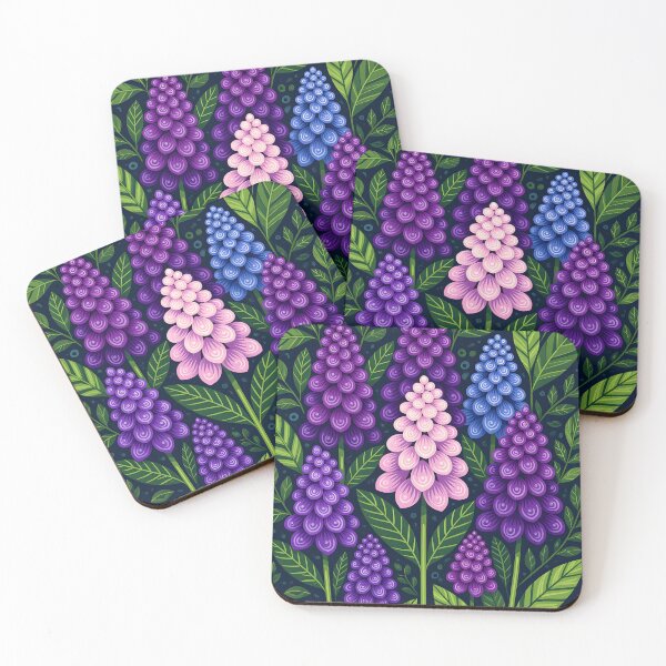 Item preview, Muscari flowers covered in water droplets, backdrop of dark green leaves. designed and sold by Ponted.