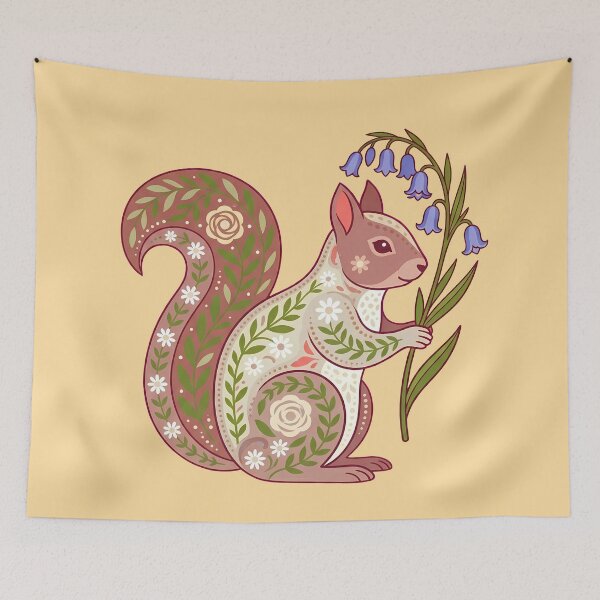 Item preview, Floral Folk Art Squirrel Holding Bluebells – Scandinavian Folk Art by heidiannemorris © designed and sold by FOLK ART FUSION by heidiannemorris.