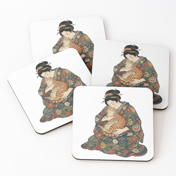 Item preview, Edo Town Girl Cat Sniffing - Traditional Ukiyo-e Love - Ginger Cat Hug designed and sold by LuckyCatClubJP.