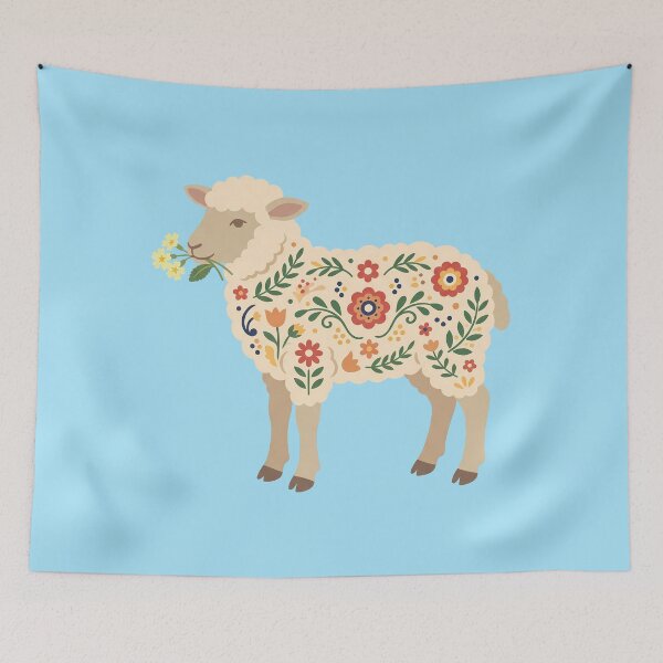 Item preview, Standing Floral Folk Art Lamb Holding Primroses – Scandinavian Folk Art by heidiannemorris © designed and sold by FOLK ART FUSION by heidiannemorris.