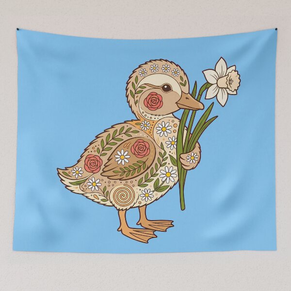 Item preview, Cute Folk Art Daisy Duckling Holding a Daffodil – Scandinavian Folk Art by heidiannemorris © designed and sold by FOLK ART FUSION by heidiannemorris.