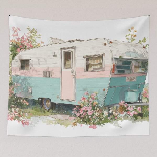 Item preview, Vintage camper trailer in a garden designed and sold by anytka.