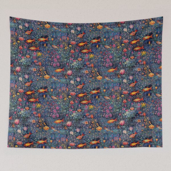 Item preview, Midnight Oasis Golden Fish and Wildflower Tapestry designed and sold by pinkal.