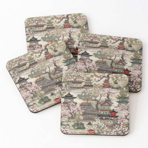Item preview, Vintage Oriental Pagoda Garden and Cherry Blossom Pattern designed and sold by pinkal.