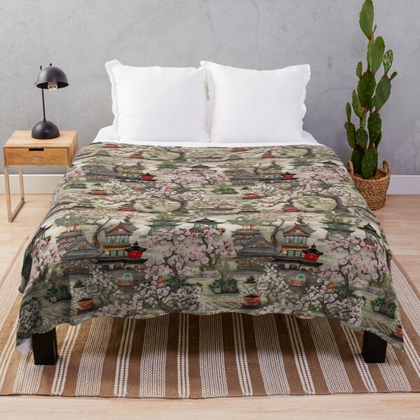 Item preview, Vintage Oriental Pagoda Garden and Cherry Blossom Pattern designed and sold by pinkal.