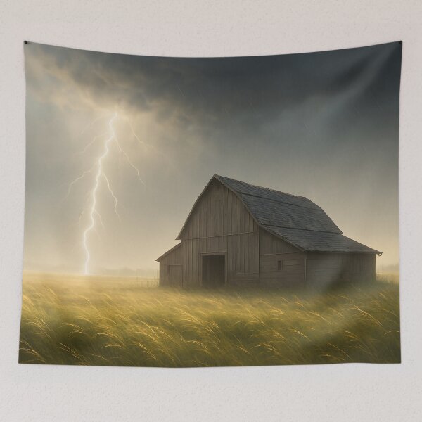 Item preview, Thunderstorm over a field with a barn and lightning in the storm light (AI generated) designed and sold by MS - AI - creative.
