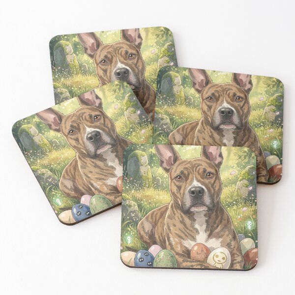 Item preview, Brindle Pit Bull in Magic Forest with Easter Eggs - Cute Pitbull Dog Art designed and sold by PetManiaStudio.