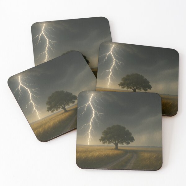 Item preview, Lightning over a lone tree in a thunderstorm field with storm light (AI generated) designed and sold by MS - AI - creative.