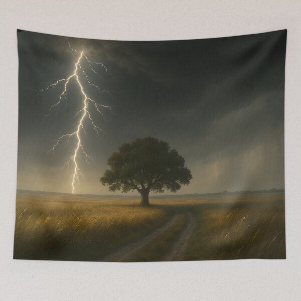 Item preview, Lightning over a lone tree in a thunderstorm field with storm light (AI generated) designed and sold by MS - AI - creative.