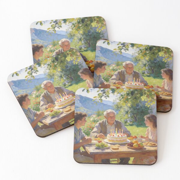 Item preview, Heartwarming Birthday Celebration with Cake & Flowers, Garden & Mountain View, Impressionism Style Art Print designed and sold by BlareBlare.