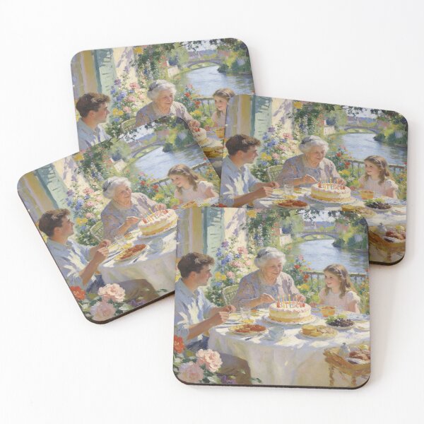 Item preview, Charming Family Birthday Moments in Garden & Canal Setting, Vintage Impressionist Art designed and sold by BlareBlare.