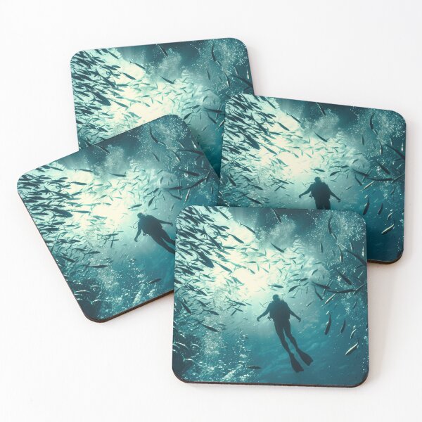 Item preview, Divers in a school of fish in the deep blue underwater world designed and sold by JonesHH.