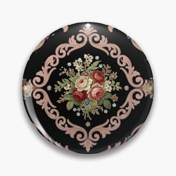 Item preview, Elegant Baroque Floral Damask Pattern - Vintage Rose Bouquets on Black Background with Ornate Scrolls designed and sold by VibranPalette.