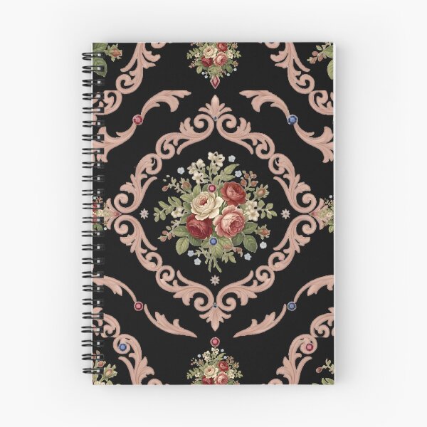 Item preview, Elegant Baroque Floral Damask Pattern - Vintage Rose Bouquets on Black Background with Ornate Scrolls designed and sold by VibranPalette.