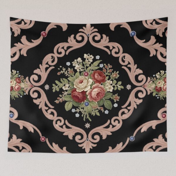Item preview, Elegant Baroque Floral Damask Pattern - Vintage Rose Bouquets on Black Background with Ornate Scrolls designed and sold by VibranPalette.
