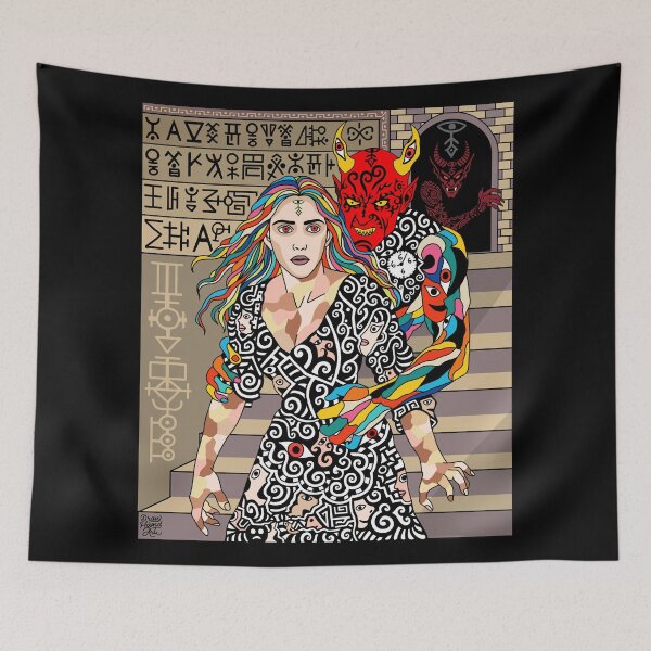 Item preview, Evil Spirit Guardian Colorful Surreal Tattoo Woman Psychedelic Abstract Fantasy Artwork designed and sold by DrawHandArt.