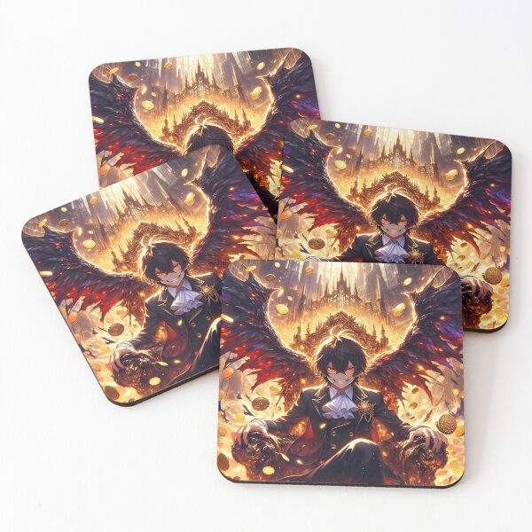 Item preview, Divine Greed: Aristocratic Anime Demon King on Golden Coin Throne with Blazing Dark Wings designed and sold by MouradStudio.