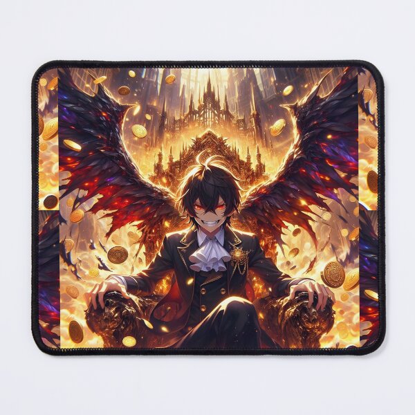 Item preview, Divine Greed: Aristocratic Anime Demon King on Golden Coin Throne with Blazing Dark Wings designed and sold by MouradStudio.