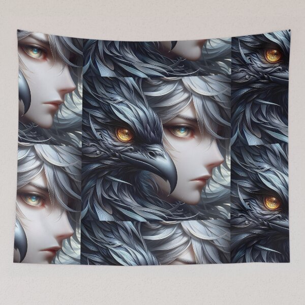 Item preview, Ethereal Bond: Silver Anime Portrait and Majestic Dark Avian Spirit Guide designed and sold by MouradStudio.