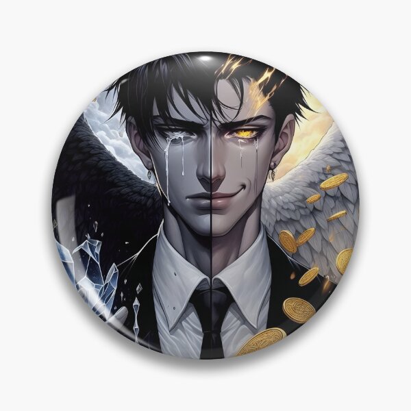 Artikelvorschau, Die Dualität der Seele: Zwei Gesichter – ein Anime-Engel und ein Dämonenjunge, hin- und hergerissen zwischen Trauer und goldener Gier entworfen und verkauft von MouradStudio.