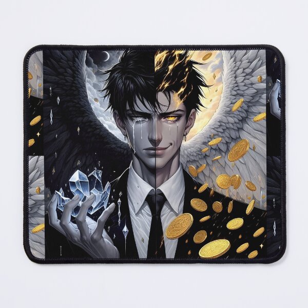 Item preview, The Duality of Soul: Split Face Anime Angel and Demon Boy Torn Between Sorrow and Golden Greed designed and sold by MouradStudio.