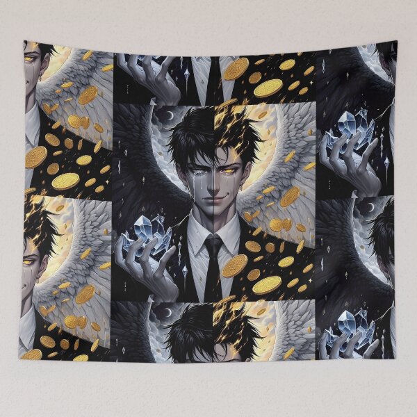 Item preview, The Duality of Soul: Split Face Anime Angel and Demon Boy Torn Between Sorrow and Golden Greed designed and sold by MouradStudio.