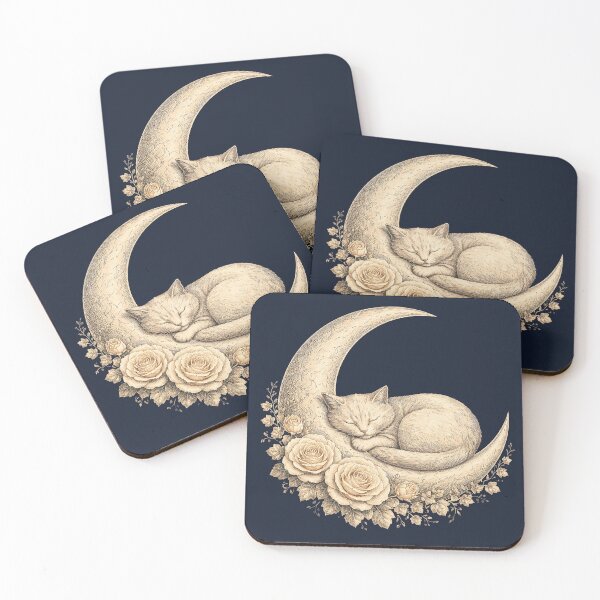 Item preview, Sleeping Cat on Crescent Moon with Roses designed and sold by LunarStillCo.