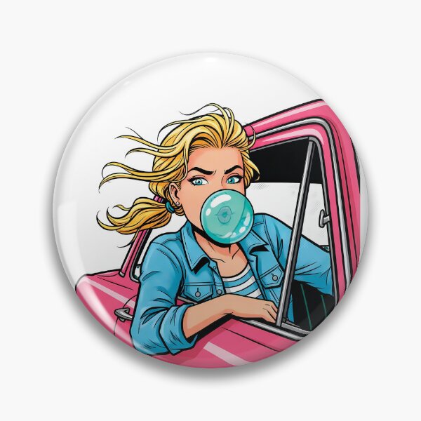 Item preview, Retro Girl Blowing Bubble Gum in Pink Vintage Car designed and sold by PopDesignStyle.