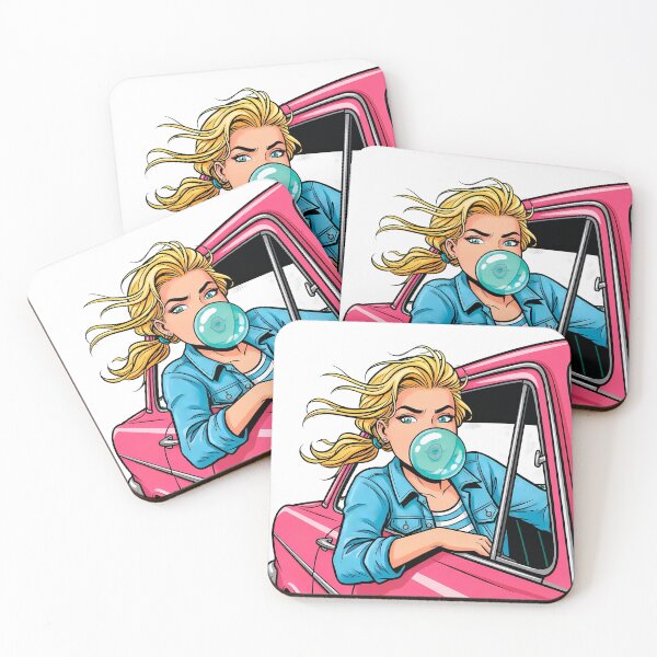 Item preview, Retro Girl Blowing Bubble Gum in Pink Vintage Car designed and sold by PopDesignStyle.