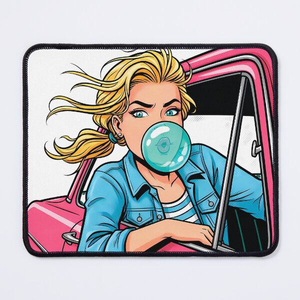 Item preview, Retro Girl Blowing Bubble Gum in Pink Vintage Car designed and sold by PopDesignStyle.