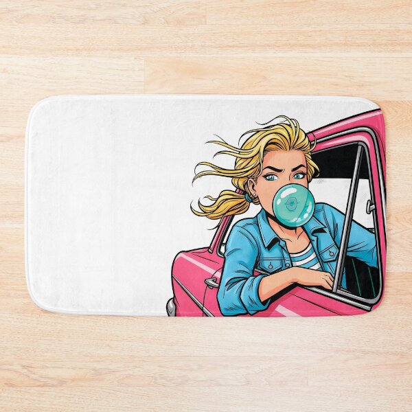 Item preview, Retro Girl Blowing Bubble Gum in Pink Vintage Car designed and sold by PopDesignStyle.