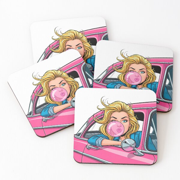 Item preview, Retro Girl Blowing Pink Bubble Gum in Pink Car designed and sold by PopDesignStyle.