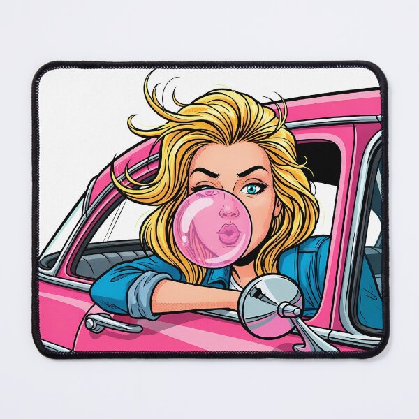 Item preview, Retro Girl Blowing Pink Bubble Gum in Pink Car designed and sold by PopDesignStyle.