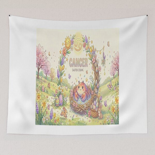 Item preview, Easter Cancer Zodiac: Cute Crab in Floral Nest with Pastel Eggs & Bunnies designed and sold by ClaussShop.