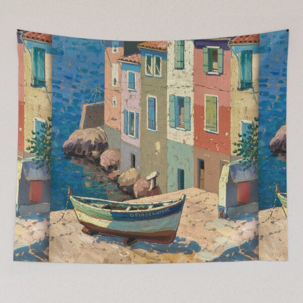 Item preview, French Coastal Village | Mediterranean Seaside Houses Painting designed and sold by CARRAANN.