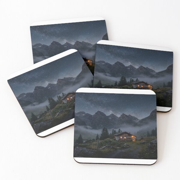 Item preview, Cozy Mountain Cabin at Night – Misty Valley Landscape designed and sold by peacefulframes.art.
