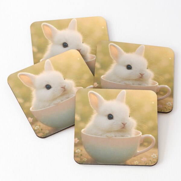 Aperçu de l'œuvre Adorable petit lapin blanc dans une tasse à thé avec des détails floraux – Photo de Pâques toute douce créée et vendue par EmeraldeaArt.