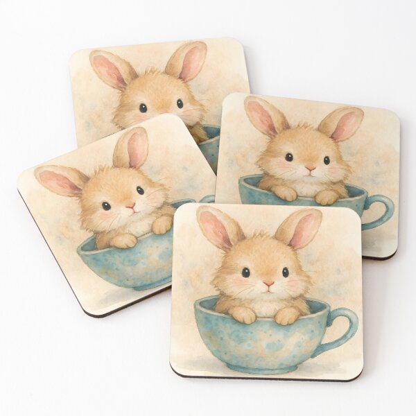 Item preview, Little Brown Beige Bunny in Blue Cup – Soft Watercolor Illustration designed and sold by EmeraldeaArt.