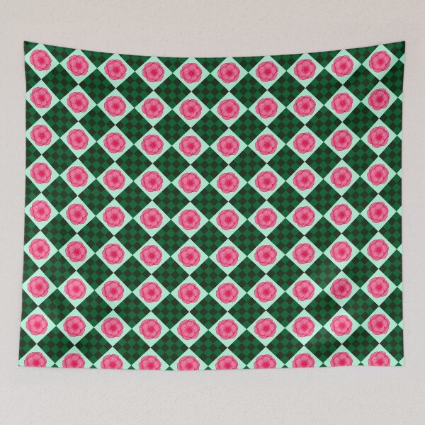 Item preview, pink roses on green checkerboard pattern designed and sold by Feral Lines Studio .