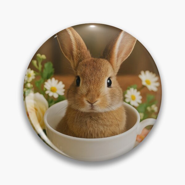 Item preview, Long-Eared Brown Bunny in White Teacup with Floral Surroundings designed and sold by EmeraldeaArt.