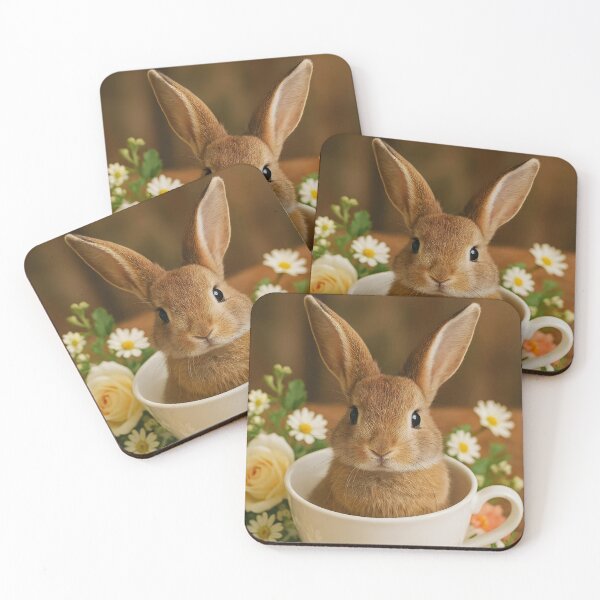 Item preview, Long-Eared Brown Bunny in White Teacup with Floral Surroundings designed and sold by EmeraldeaArt.