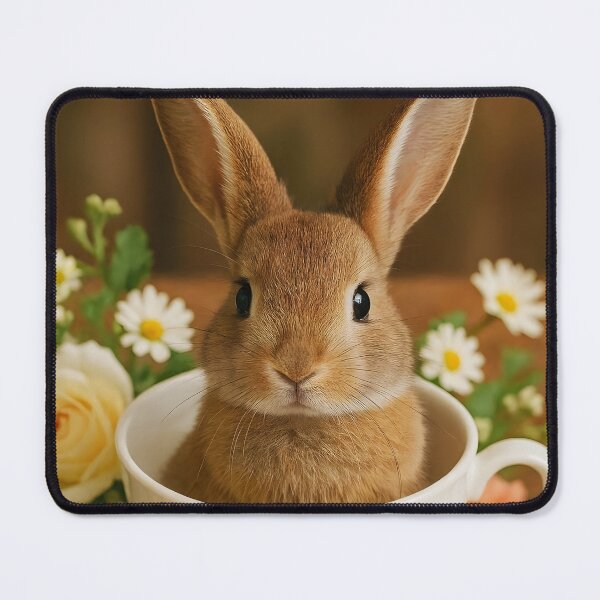 Item preview, Long-Eared Brown Bunny in White Teacup with Floral Surroundings designed and sold by EmeraldeaArt.