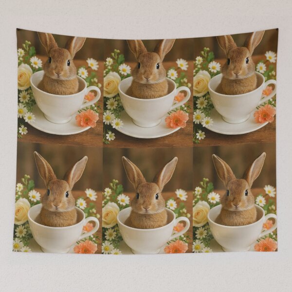 Item preview, Long-Eared Brown Bunny in White Teacup with Floral Surroundings designed and sold by EmeraldeaArt.