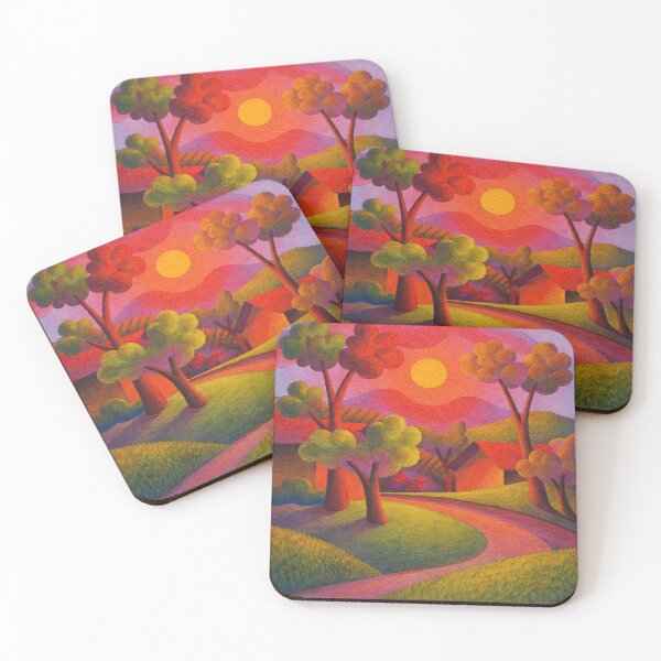 Item preview, Colorful Sunset Village Fauvism Landscape Art designed and sold by LaFabricaArt.
