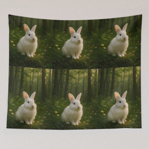 Item preview, White Bunny in Enchanted Forest with Yellow Wildflowers – Whimsical Storybook Scene designed and sold by EmeraldeaArt.