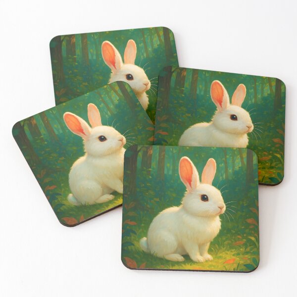 Item preview, White Bunny Sitting in Lush Green Forest – Vibrant Digital Illustration designed and sold by EmeraldeaArt.